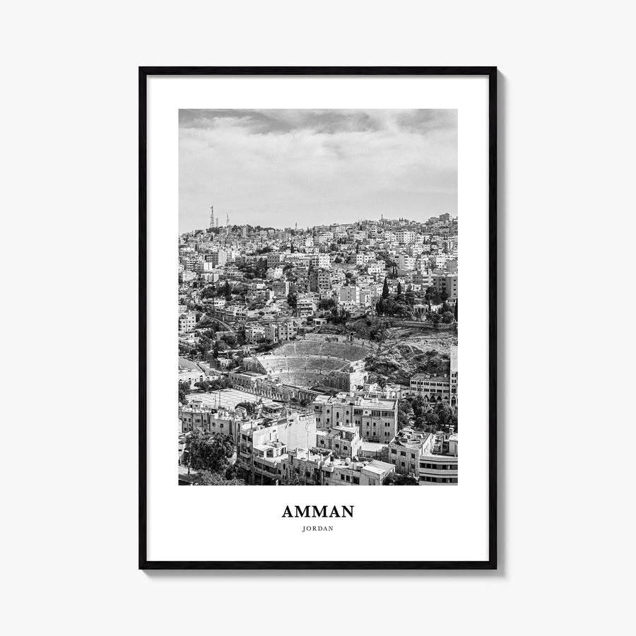 Amman black & white classic poster of Jordan – vertical wall art, unframed print shown in interior mockup