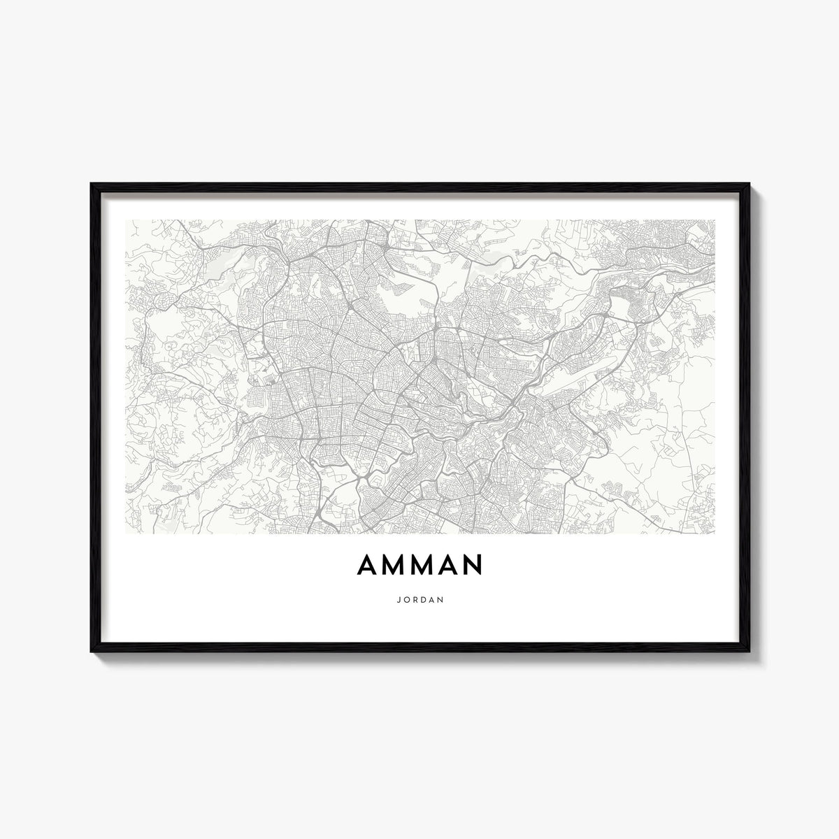 Amman black & white map poster of Jordan – horizontal wall art, unframed print shown in interior mockup