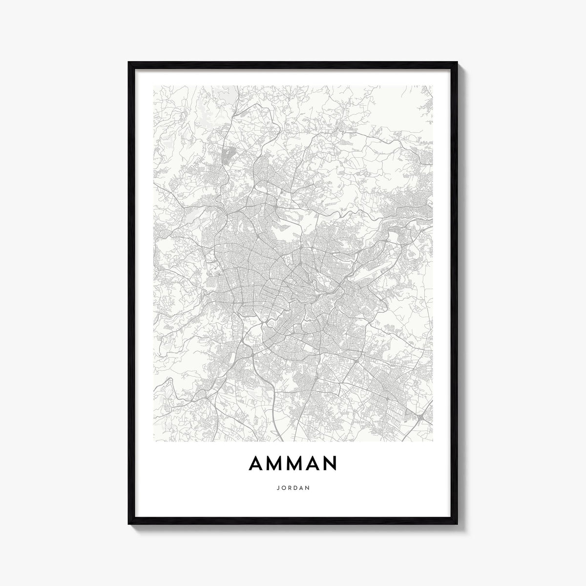 Amman black & white map poster of Jordan – vertical wall art, unframed print shown in interior mockup
