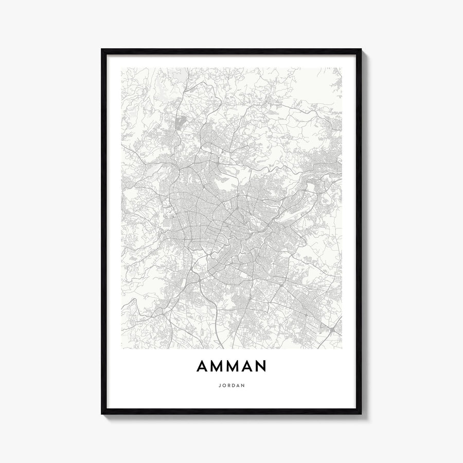 Amman black & white map poster of Jordan – vertical wall art, unframed print shown in interior mockup
