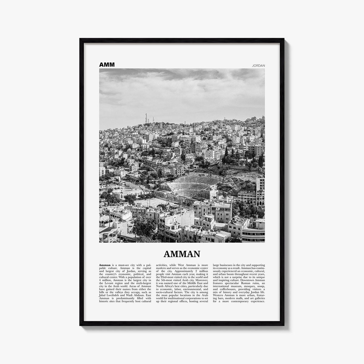 Amman black & white newspaper poster of Jordan – vertical wall art, unframed print shown in interior mockup