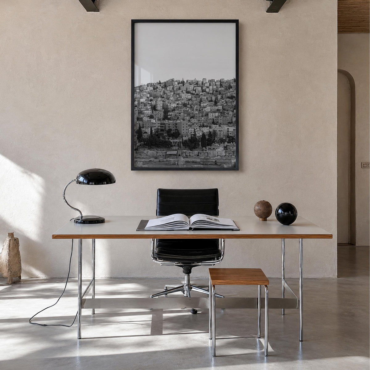 Amman black & white photo poster of Jordan – vertical wall art in black wood frame, hanging on wall