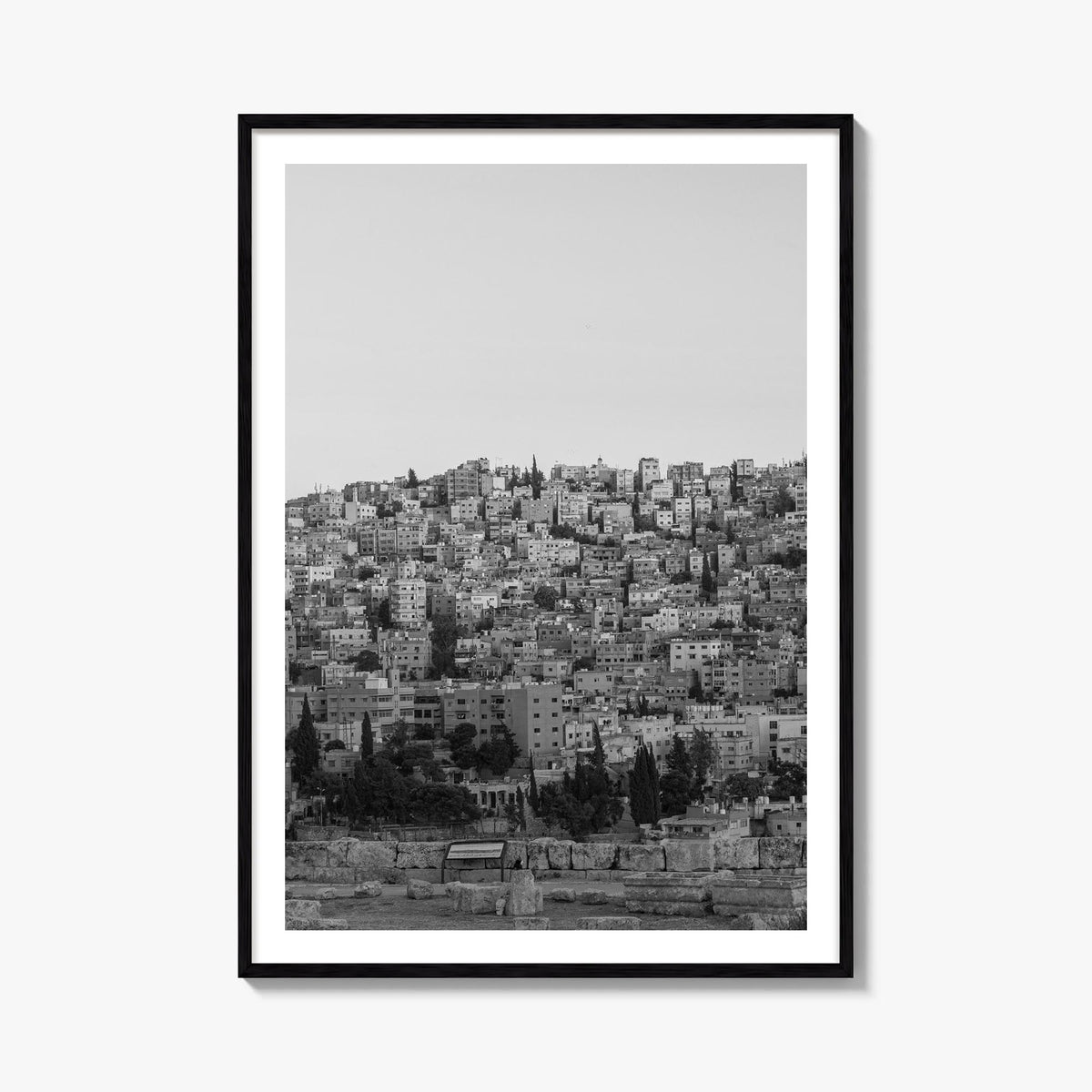 Amman black & white photo poster of Jordan – vertical wall art, unframed print shown in interior mockup