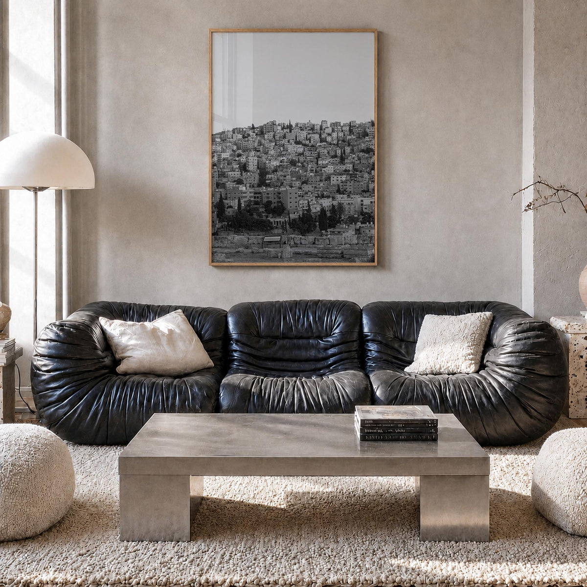 Amman black & white photo poster of Jordan – vertical wall art in natural wood frame, hanging on wall