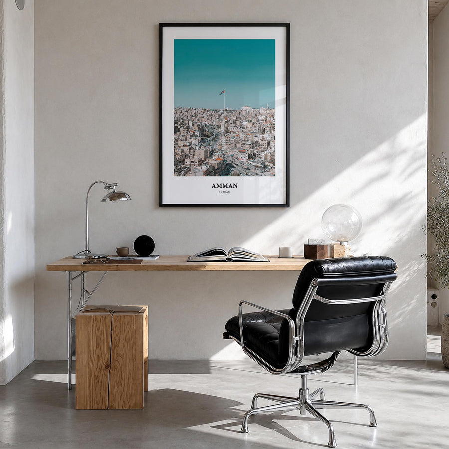 Amman colorful classic poster of Jordan – vertical wall art in black wood frame, hanging on wall