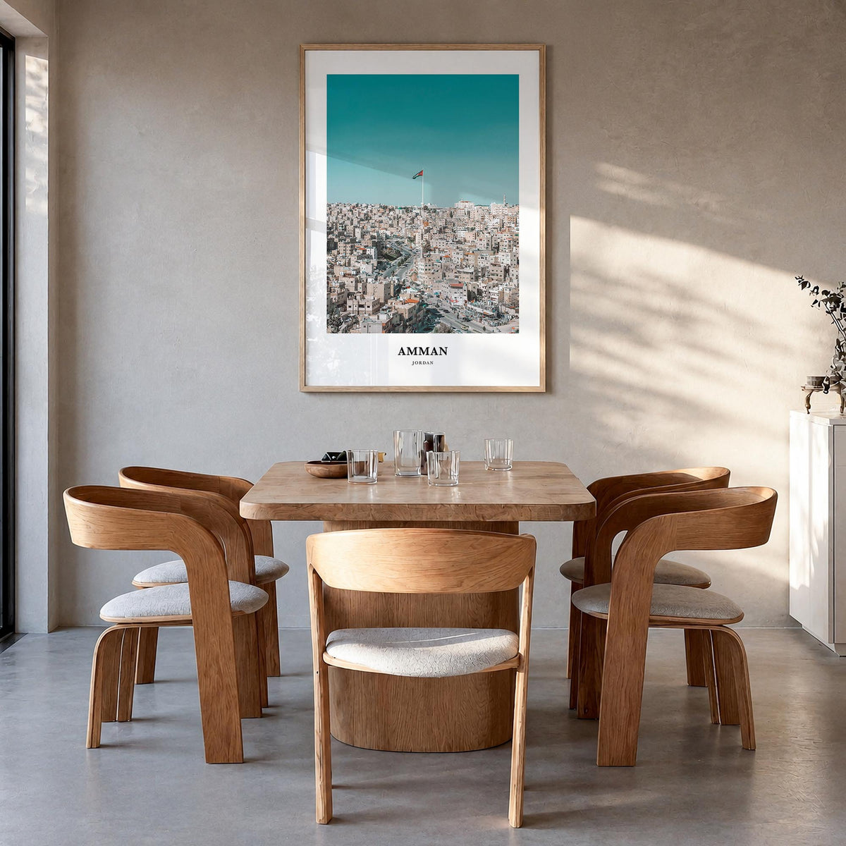 Amman colorful classic poster of Jordan – vertical wall art in natural wood frame, hanging on wall