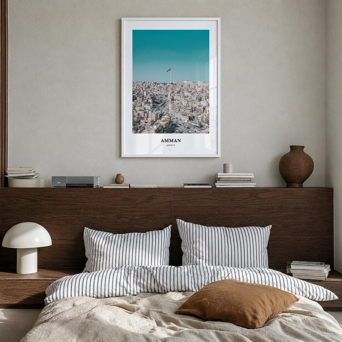 Amman colorful classic poster of Jordan – vertical wall art in white wood frame, hanging on wall