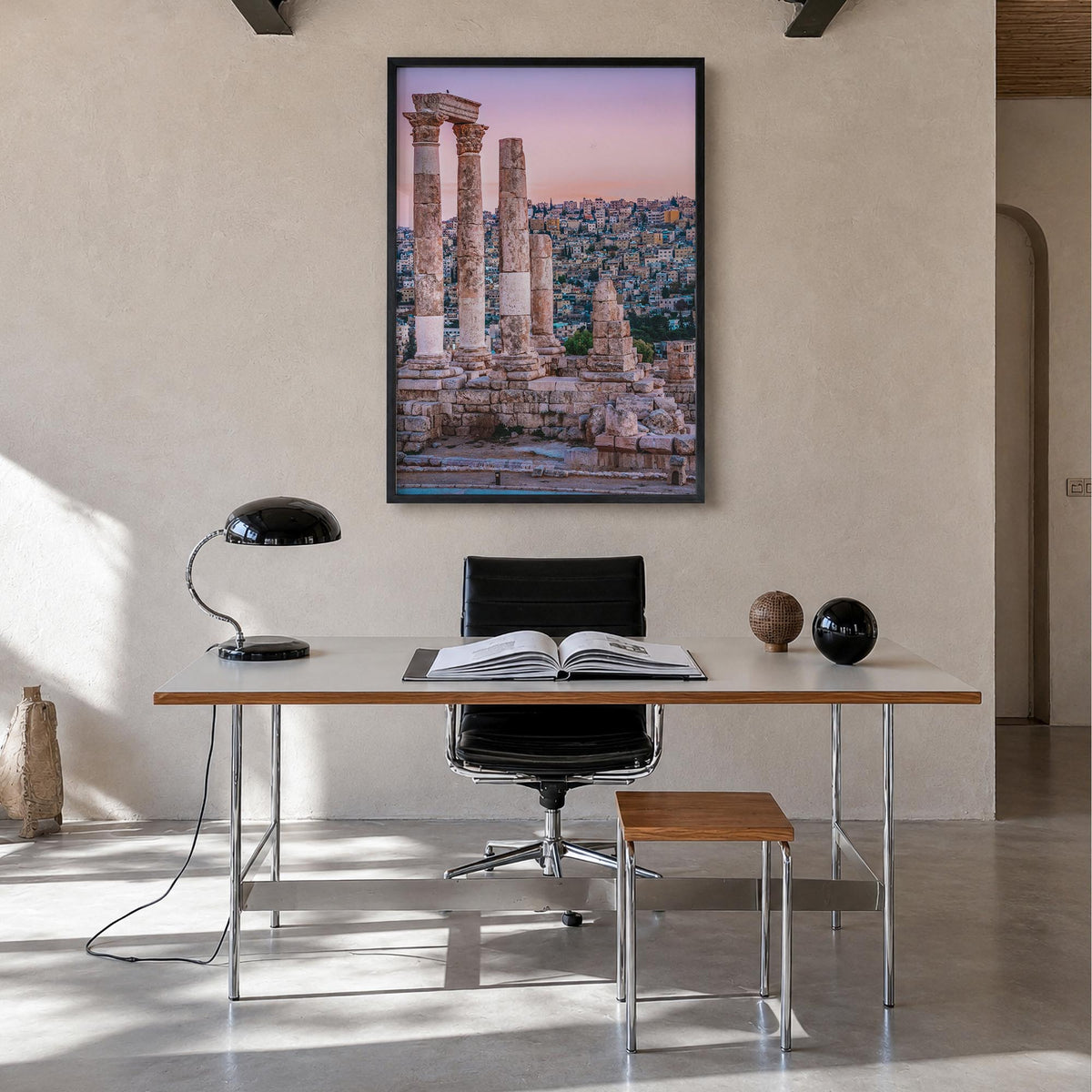 Amman colorful photo poster of Jordan – vertical wall art in black wood frame, hanging on wall