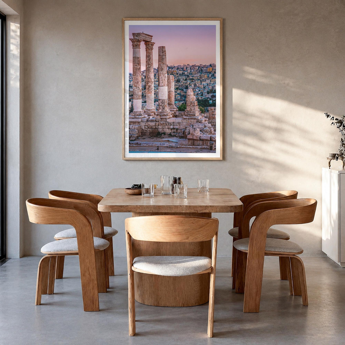 Amman colorful photo poster of Jordan – vertical wall art in natural wood frame with white border, hanging on wall