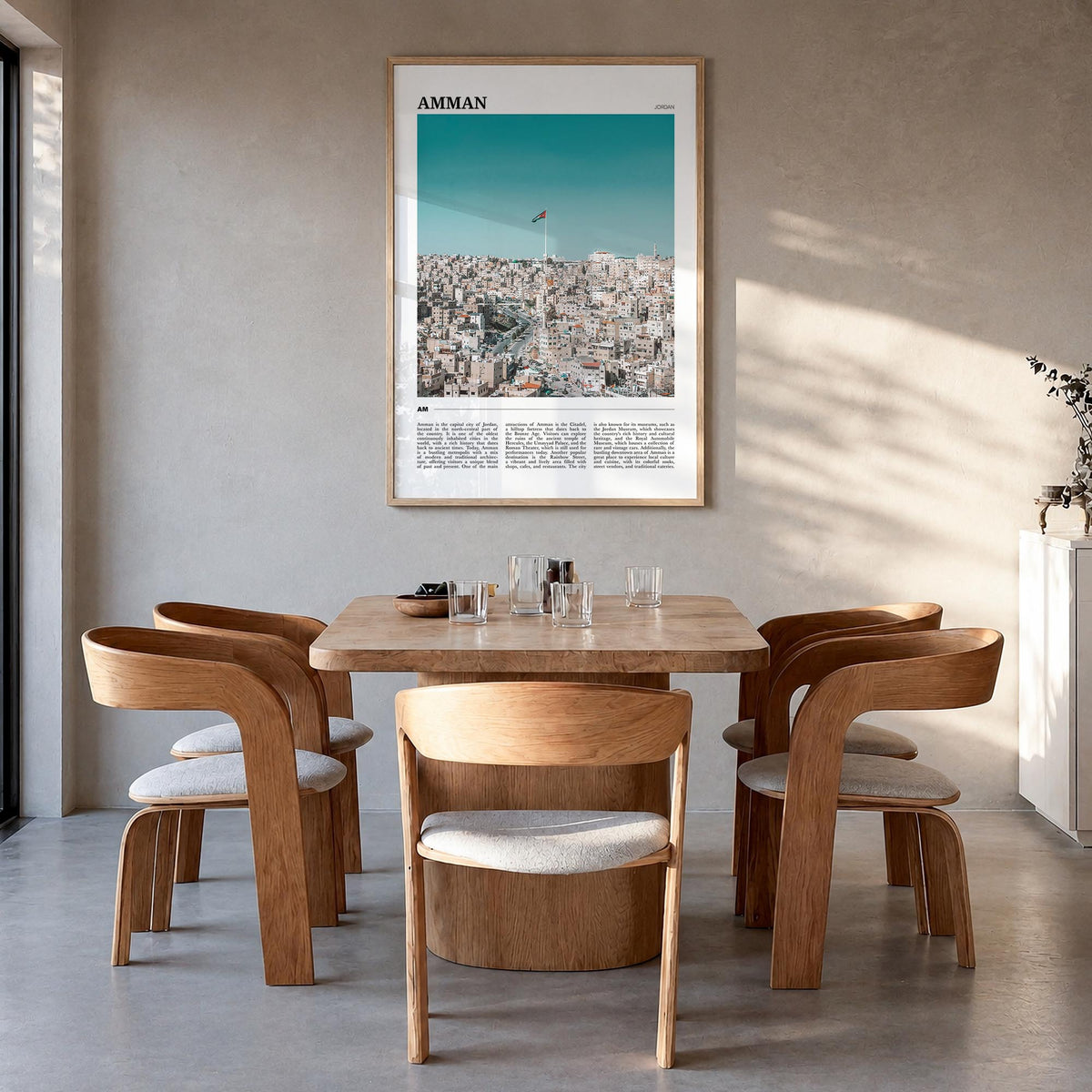 Amman colorful travel poster of Jordan – vertical wall art in natural wood frame, hanging on wall