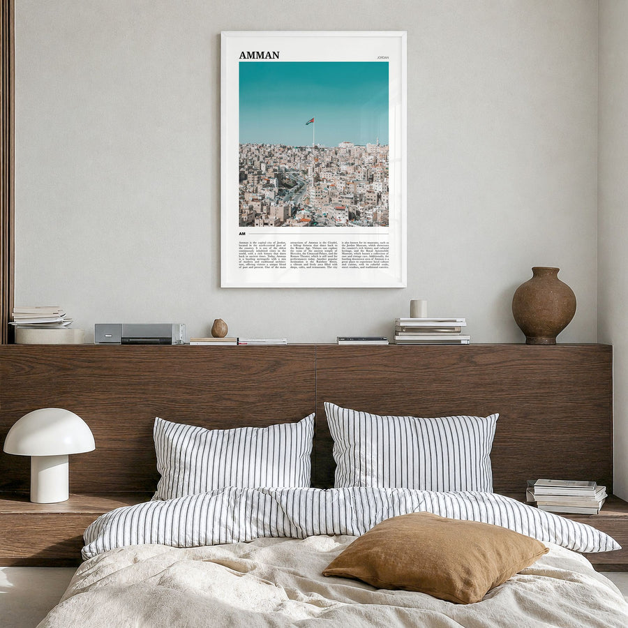 Amman Travel Poster in a white wood frame, hanging in a bedroom