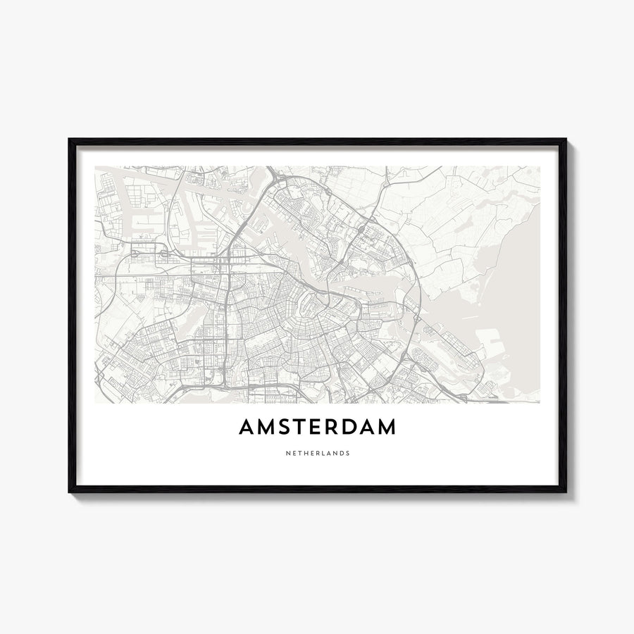 Amsterdam black & white map poster of Netherlands – horizontal wall art, unframed print shown in interior mockup