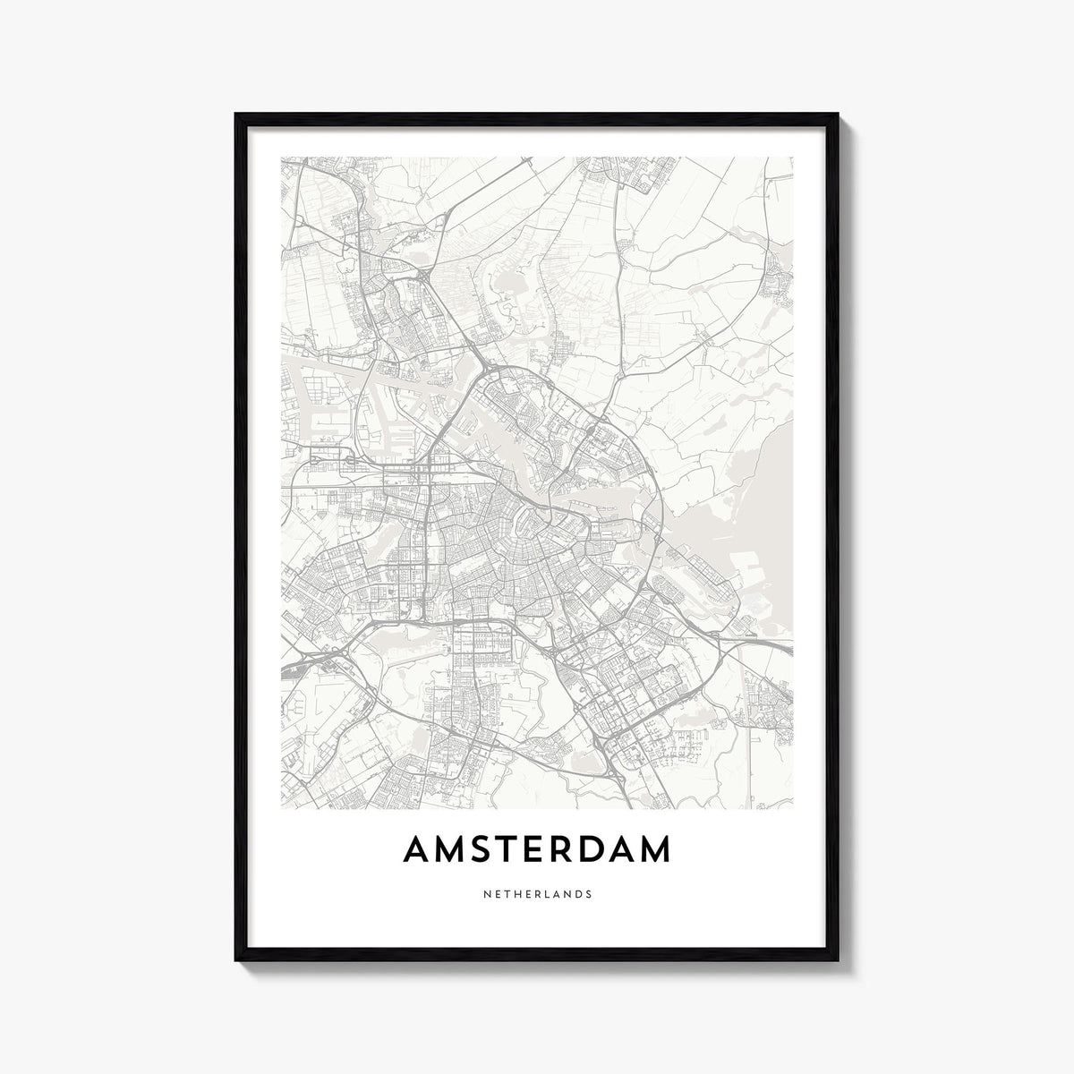 Amsterdam black & white map poster of Netherlands – vertical wall art, unframed print shown in interior mockup