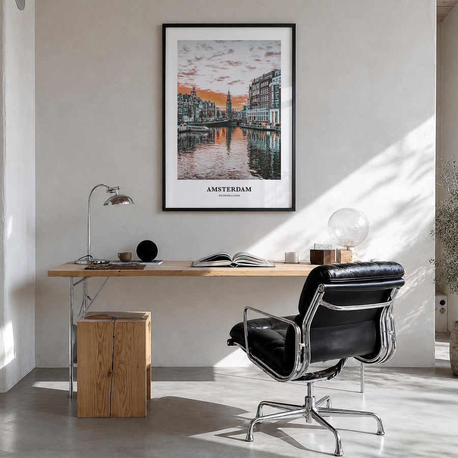 Amsterdam colorful classic poster of Netherlands – vertical wall art in black wood frame, hanging on wall