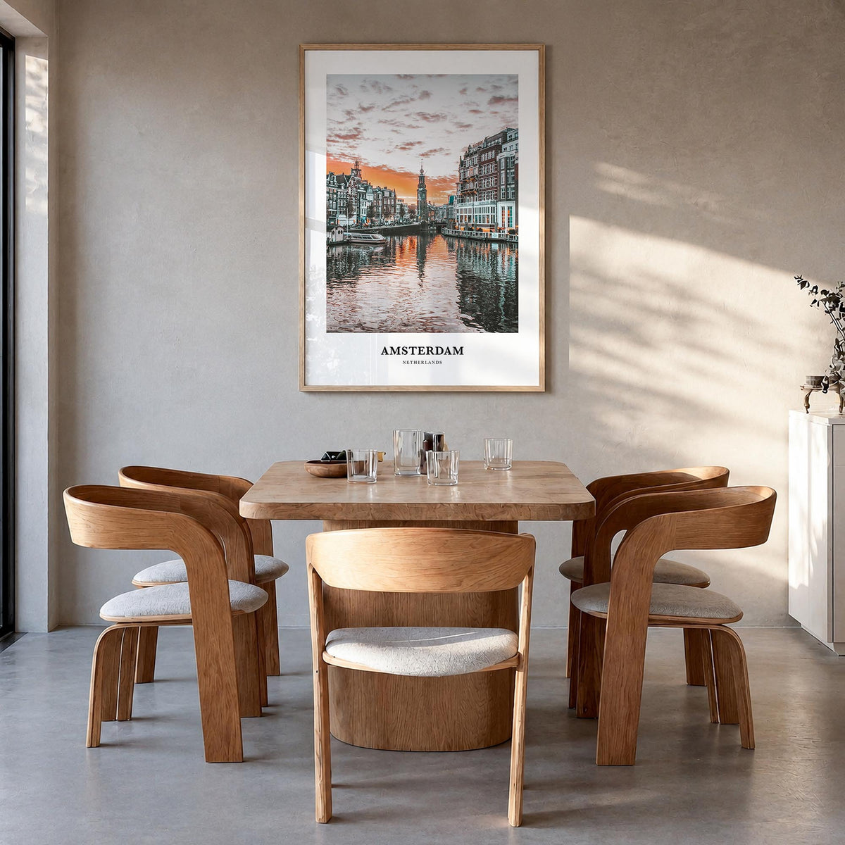 Amsterdam colorful classic poster of Netherlands – vertical wall art in natural wood frame, hanging on wall