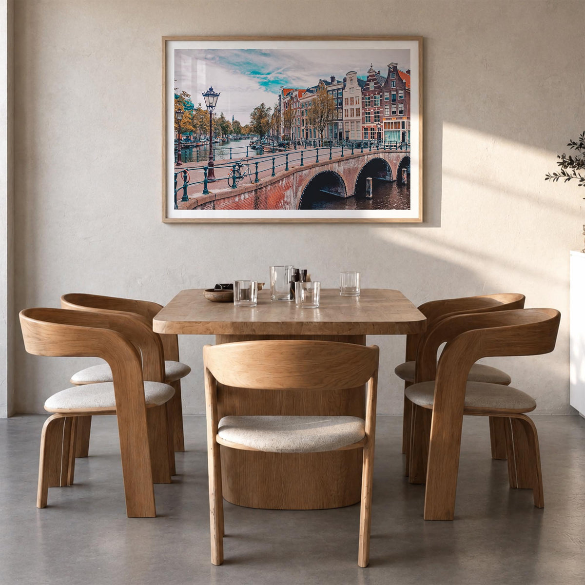 Amsterdam colorful photo poster of Netherlands – horizontal wall art in natural wood frame with white border, hanging on wall
