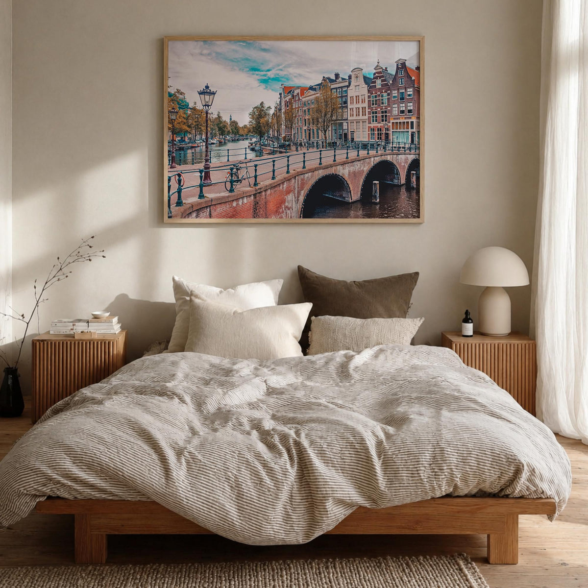 Amsterdam colorful photo poster of Netherlands – horizontal wall art in natural wood frame, hanging on wall