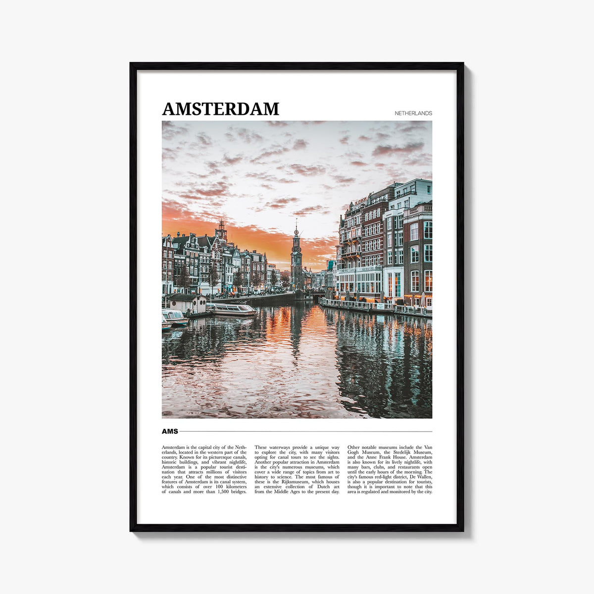 Amsterdam colorful travel poster of Netherlands – vertical wall art, unframed print shown in interior mockup