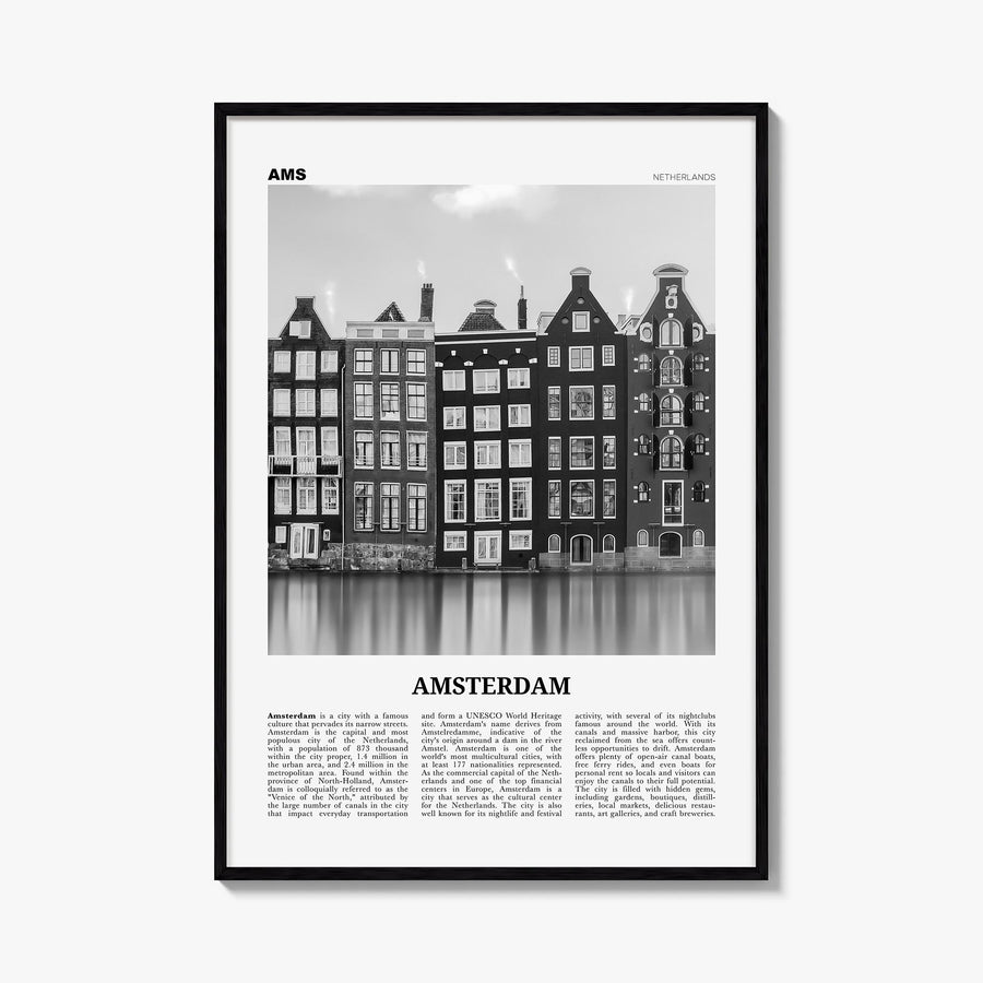 Amsterdam no. 1 black & white newspaper poster of Netherlands – vertical wall art, unframed print shown in interior mockup