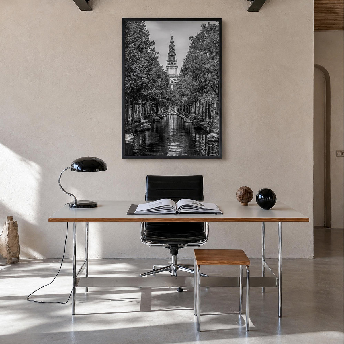Amsterdam no. 1 black & white photo poster of Netherlands – vertical wall art in black wood frame, hanging on wall