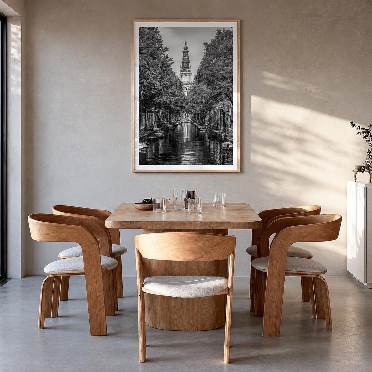 Amsterdam no. 1 black & white photo poster of Netherlands – vertical wall art in natural wood frame with white border, hangin