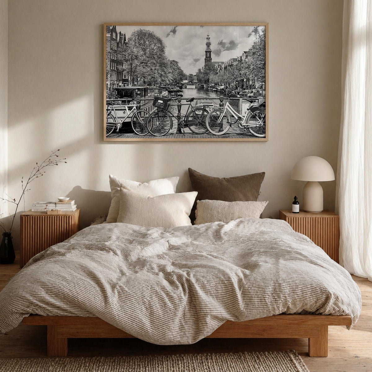 Amsterdam no. 1 black & white photo poster of Netherlands – horizontal wall art in natural wood frame, hanging on wall