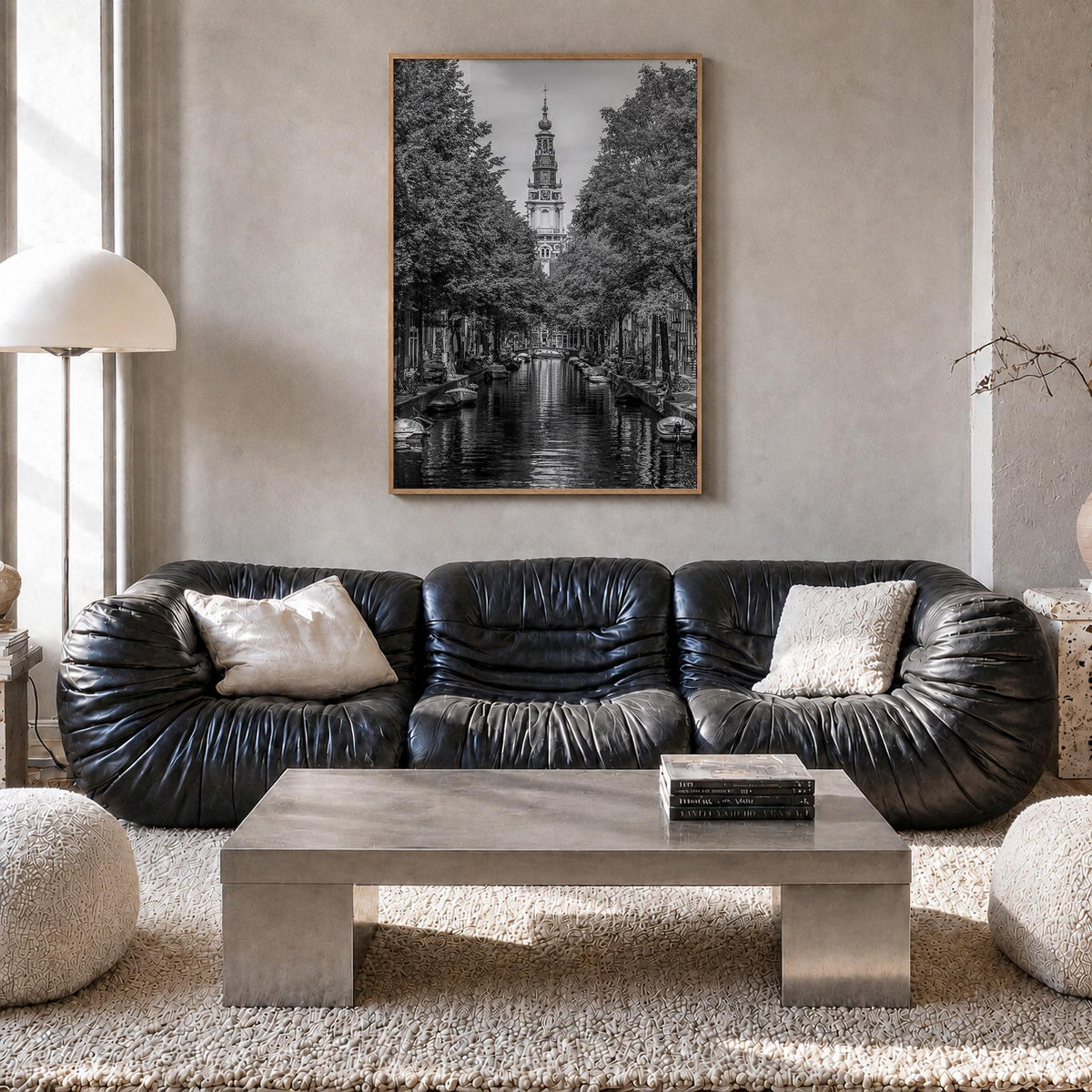 Amsterdam no. 1 black & white photo poster of Netherlands – vertical wall art in natural wood frame, hanging on wall