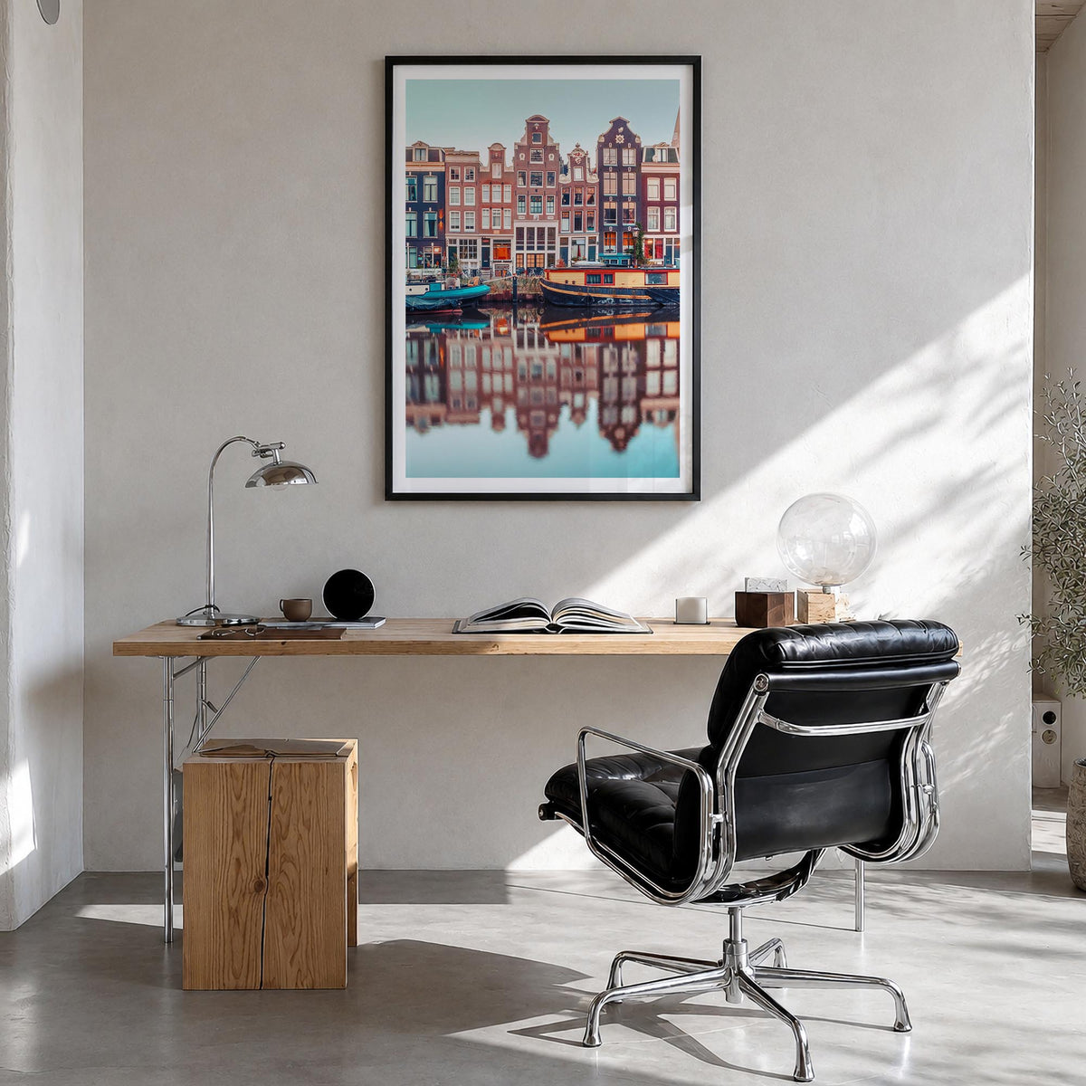 Amsterdam no. 1 colorful photo poster of Netherlands – vertical wall art in black wood frame with white border, hanging on wa