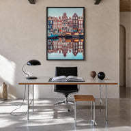 Amsterdam no. 1 colorful photo poster of Netherlands – vertical wall art in black wood frame, hanging on wall