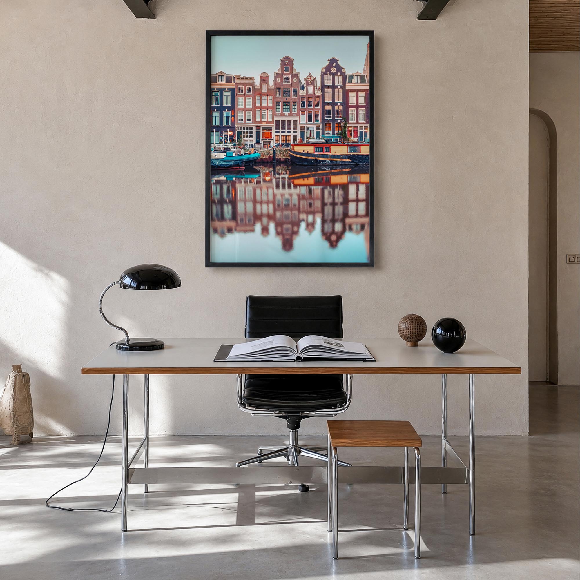Amsterdam no. 1 colorful photo poster of Netherlands – vertical wall art in black wood frame, hanging on wall