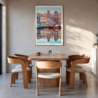 Amsterdam no. 1 colorful photo poster of Netherlands – vertical wall art in natural wood frame with white border, hanging on 
