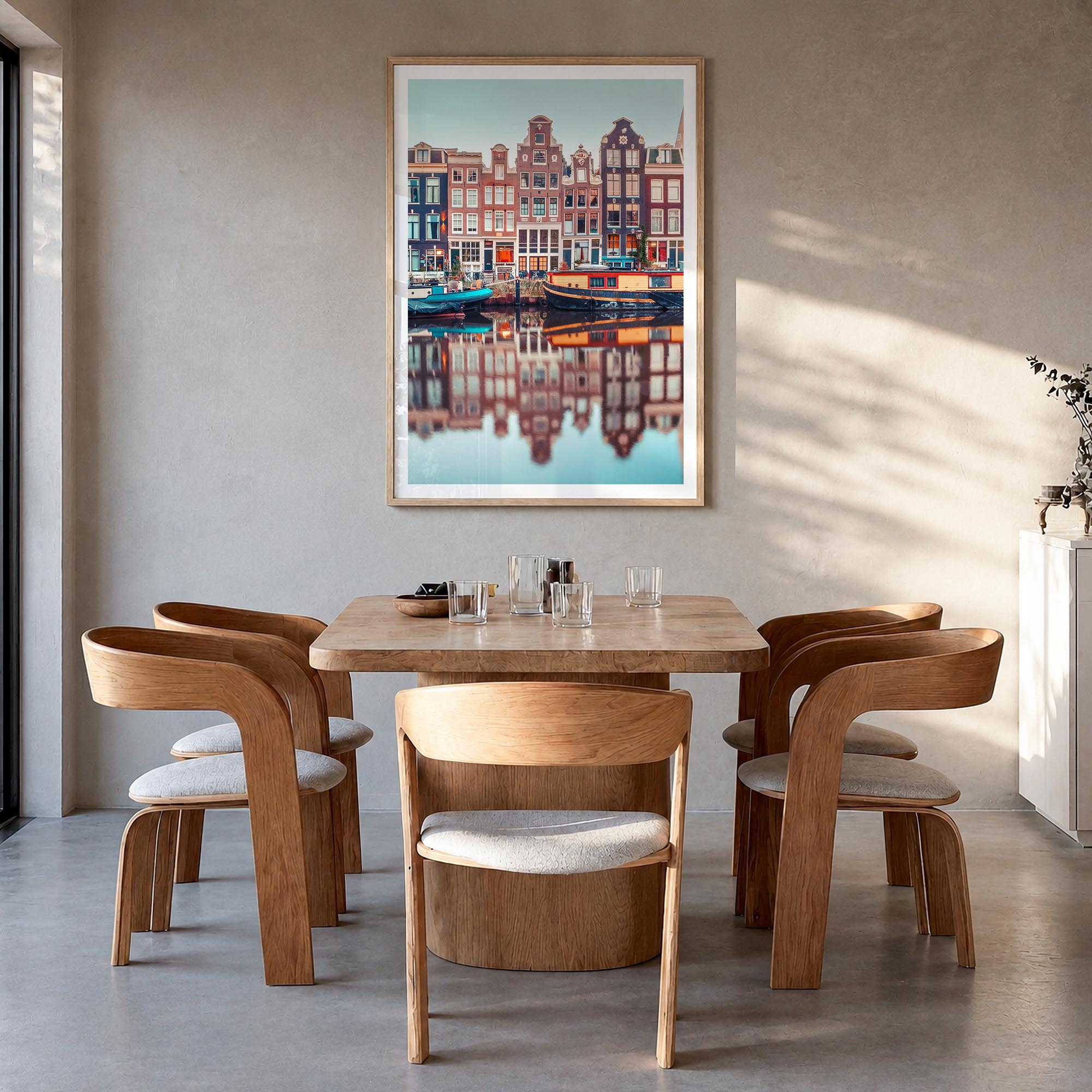 Amsterdam no. 1 colorful photo poster of Netherlands – vertical wall art in natural wood frame with white border, hanging on 
