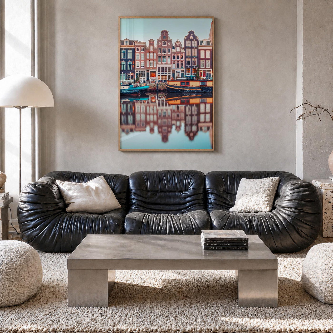 Amsterdam no. 1 colorful photo poster of Netherlands – vertical wall art in natural wood frame, hanging on wall
