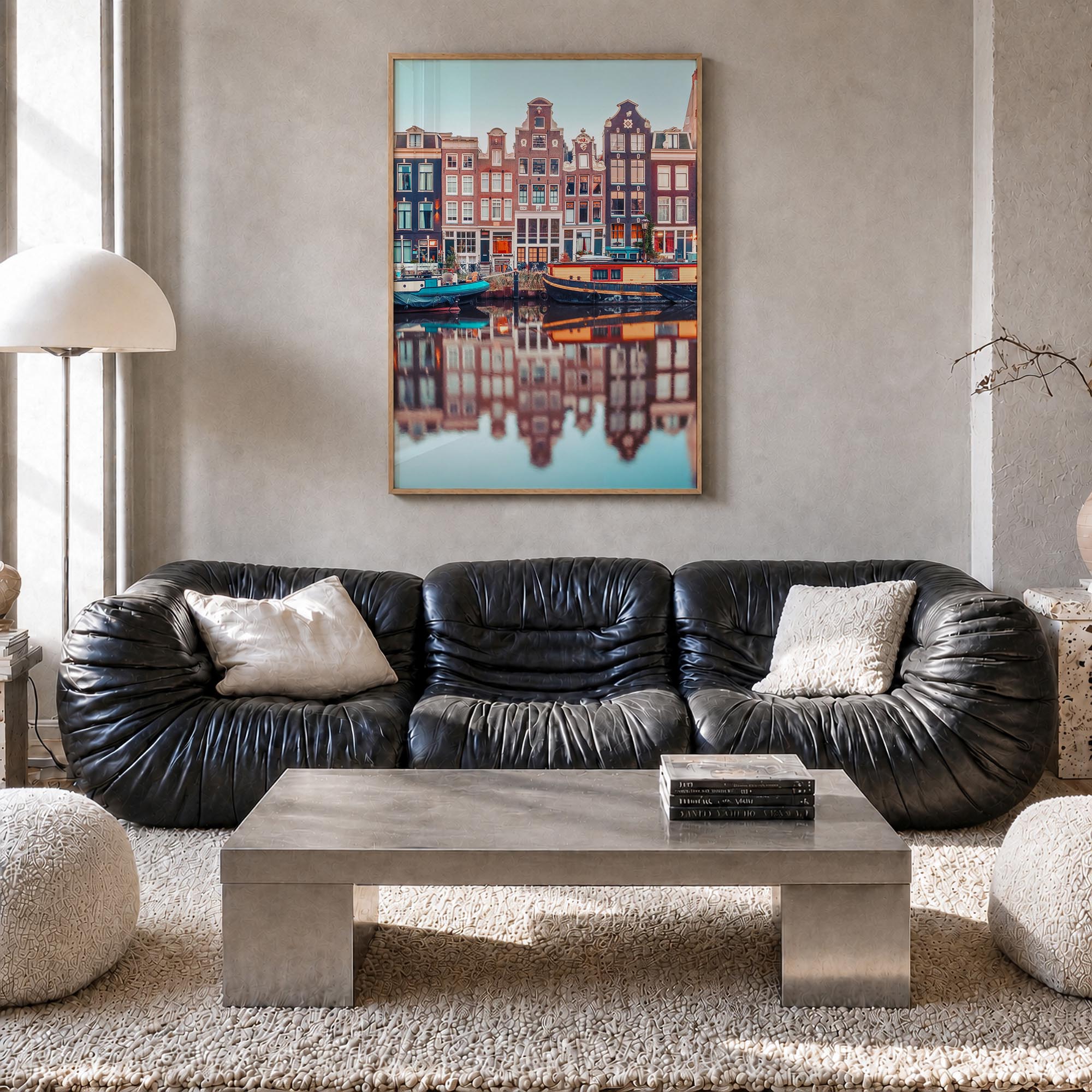 Amsterdam no. 1 colorful photo poster of Netherlands – vertical wall art in natural wood frame, hanging on wall