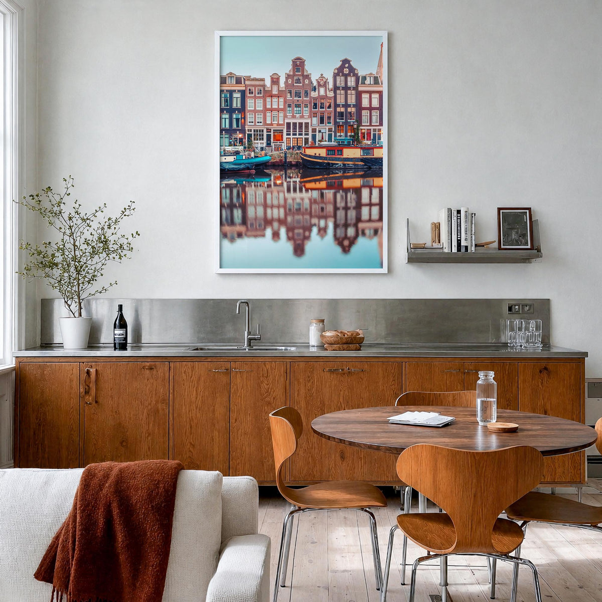 Amsterdam no. 1 colorful photo poster of Netherlands – vertical wall art in white wood frame, hanging on wall