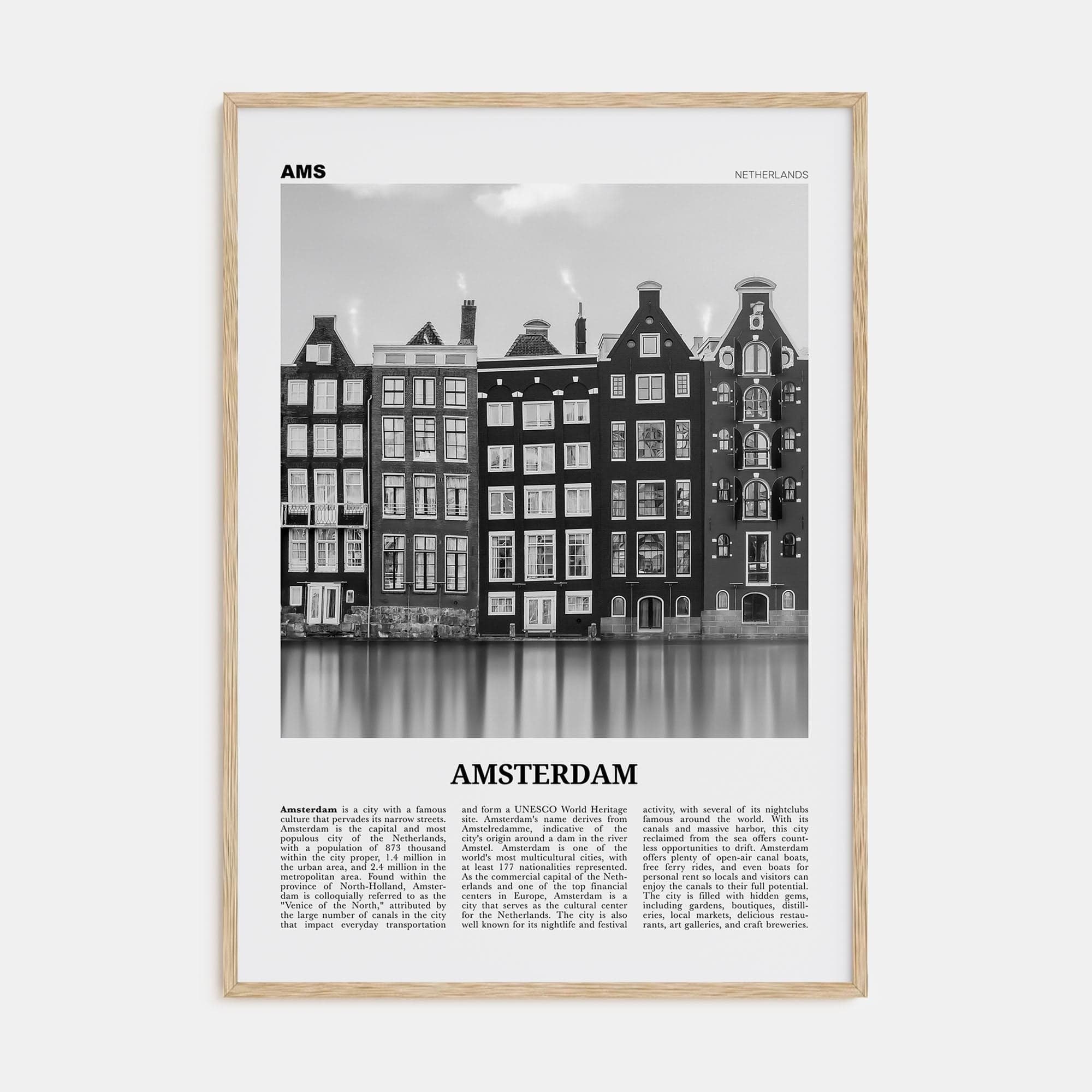 Amsterdam No 1 Poster Natural Wood / 8x12 in Nbourhood Travel B&W Poster