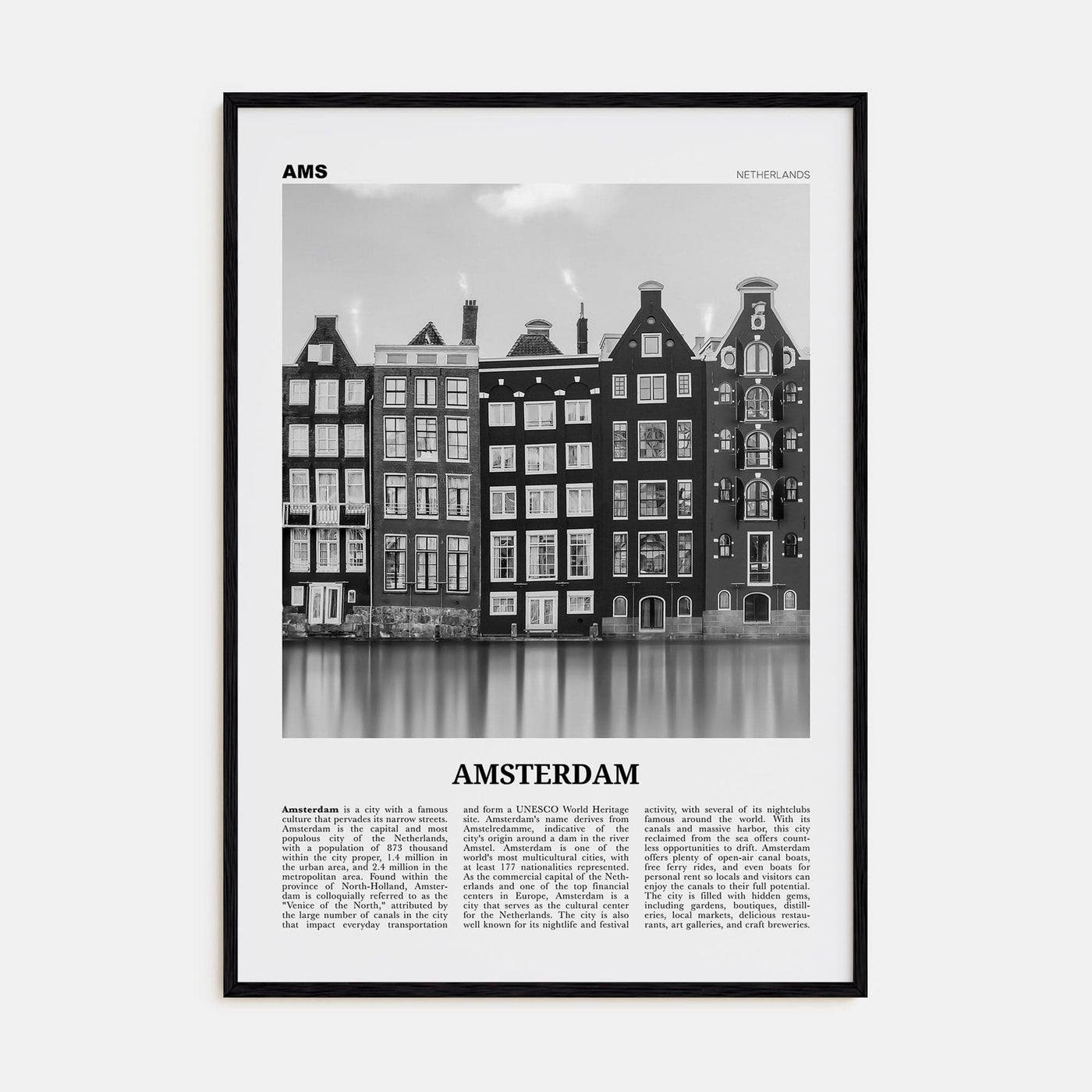 Amsterdam No 1 Poster Black Wood / 8x12 in Nbourhood Travel B&W Poster