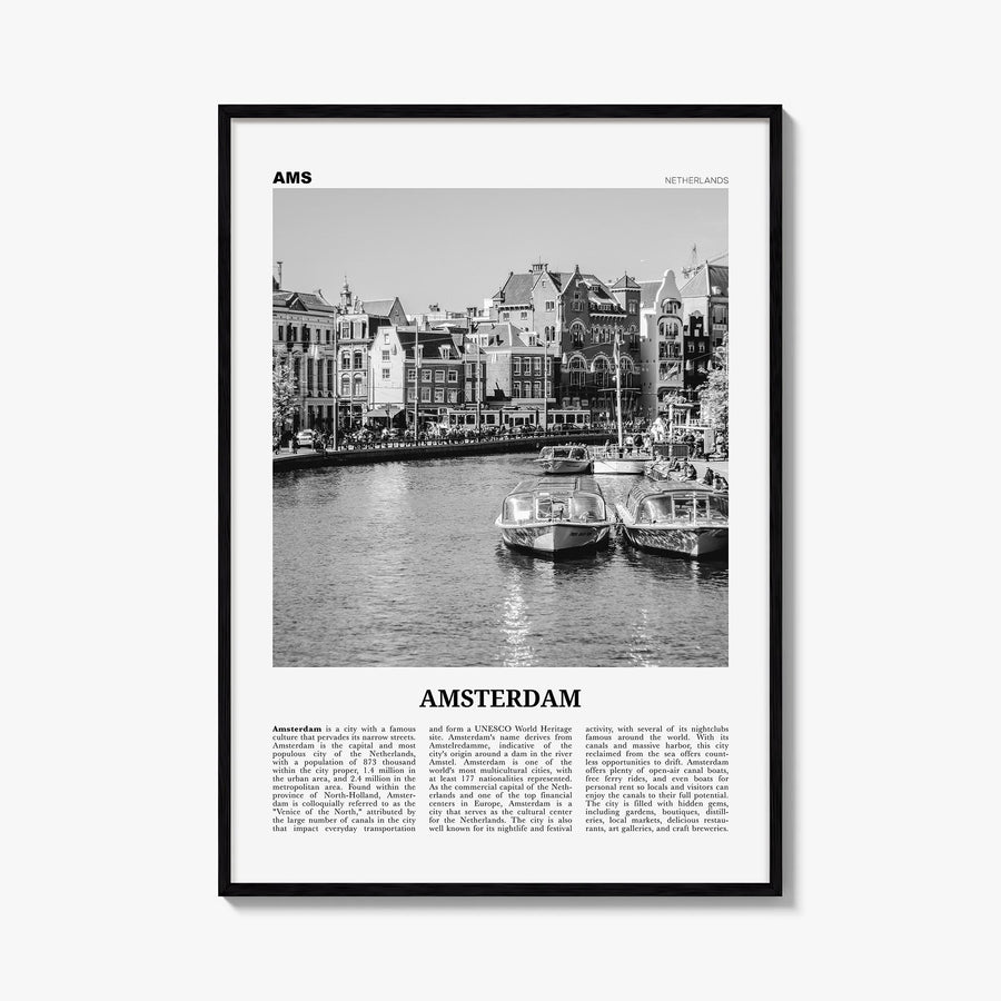 Amsterdam no. 2 black & white newspaper poster of Netherlands – vertical wall art, unframed print shown in interior mockup
