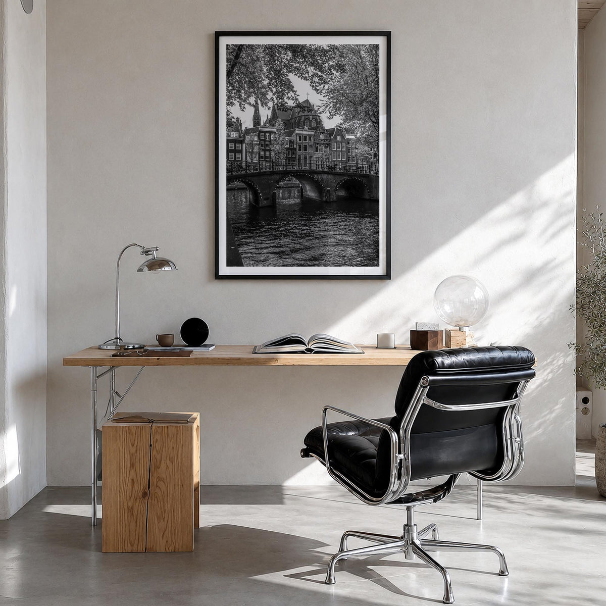 Amsterdam no. 2 black & white photo poster of Netherlands – vertical wall art in black wood frame with white border, hanging 