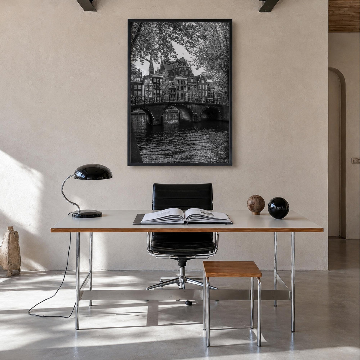 Amsterdam no. 2 black & white photo poster of Netherlands – vertical wall art in black wood frame, hanging on wall