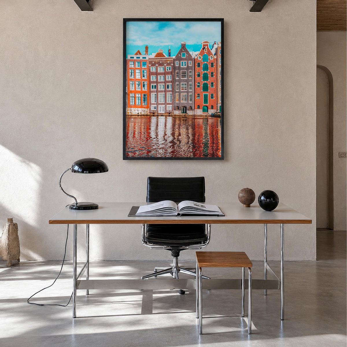 Amsterdam no. 2 colorful photo poster of Netherlands – vertical wall art in black wood frame, hanging on wall