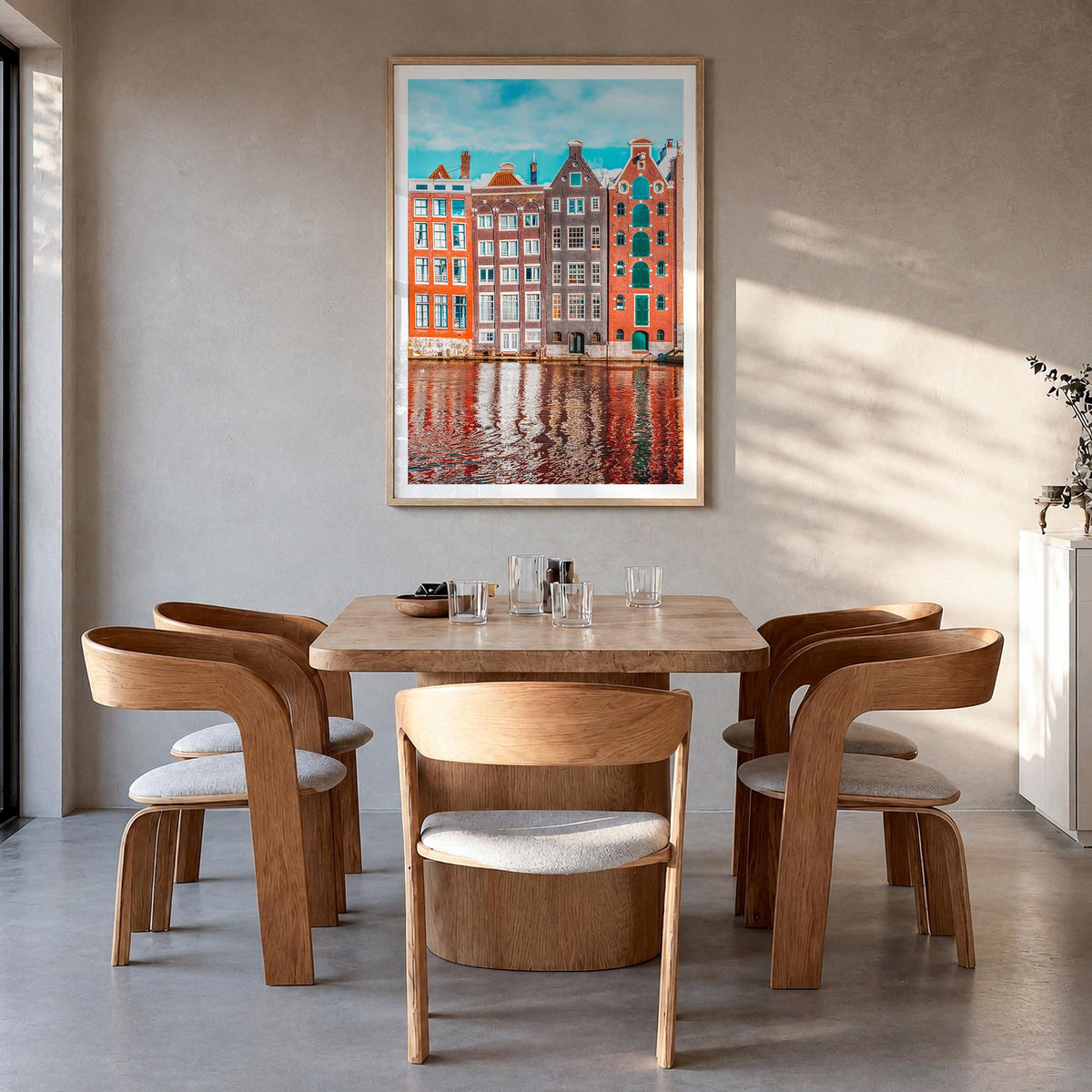 Amsterdam no. 2 colorful photo poster of Netherlands – vertical wall art in natural wood frame with white border, hanging on 