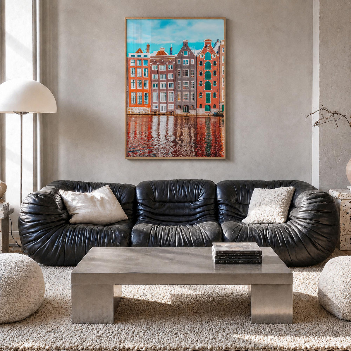 Amsterdam no. 2 colorful photo poster of Netherlands – vertical wall art in natural wood frame, hanging on wall