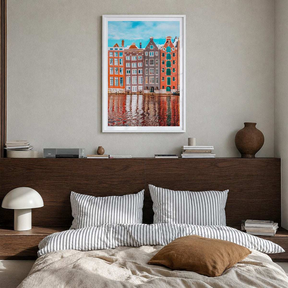 Amsterdam no. 2 colorful photo poster of Netherlands – vertical wall art in white wood frame with white border, hanging on wa
