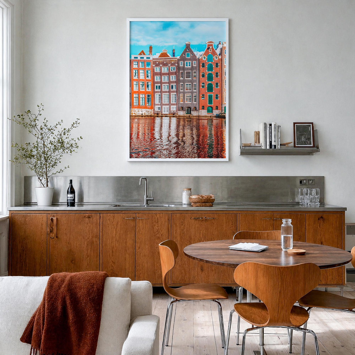 Amsterdam no. 2 colorful photo poster of Netherlands – vertical wall art in white wood frame, hanging on wall