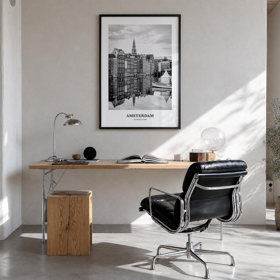 Amsterdam no. 3 black & white classic poster of Netherlands – vertical wall art in black wood frame, hanging on wall