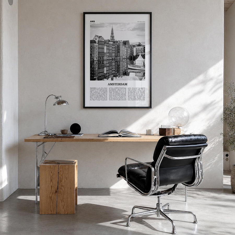 Amsterdam no. 3 black & white newspaper poster of Netherlands – vertical wall art in black wood frame, hanging on wall