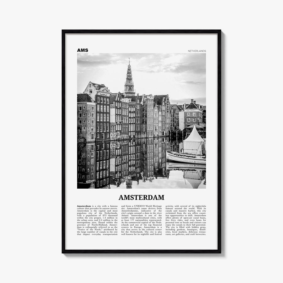 Amsterdam no. 3 black & white newspaper poster of Netherlands – vertical wall art, unframed print shown in interior mockup