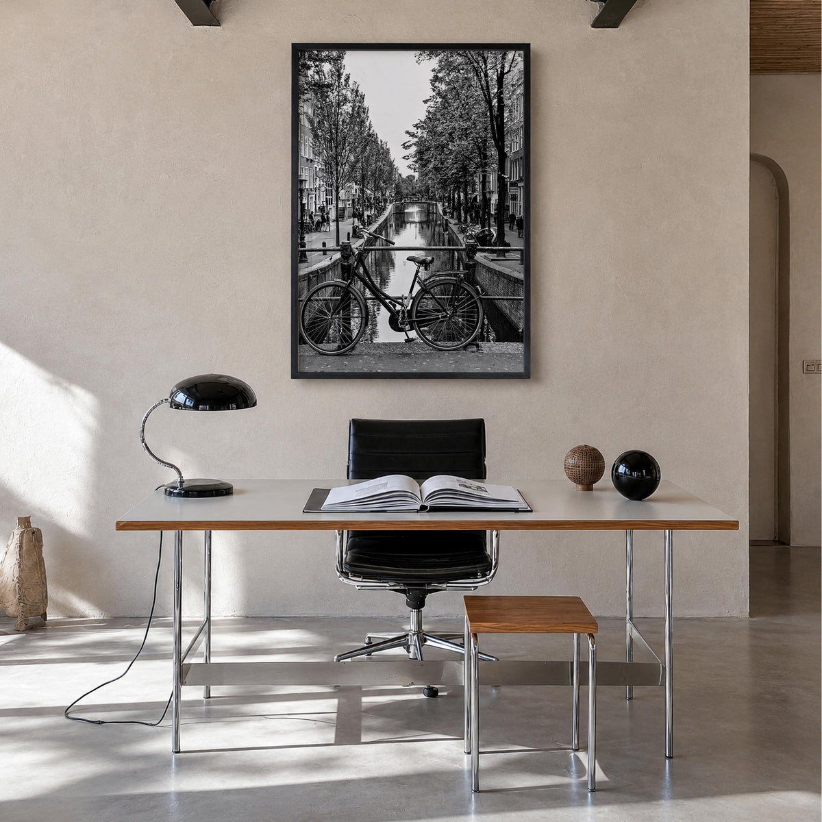 Amsterdam no. 3 black & white photo poster of Netherlands – vertical wall art in black wood frame, hanging on wall