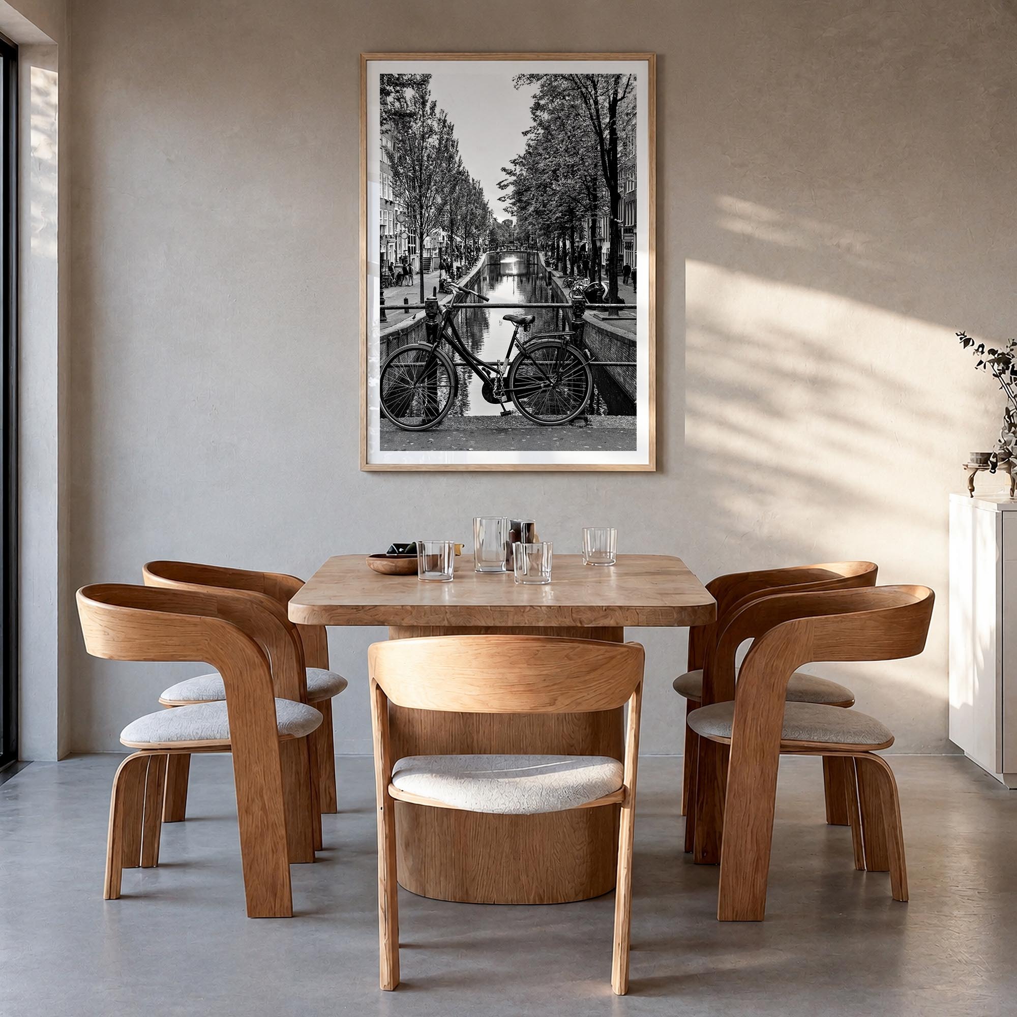 Amsterdam no. 3 black & white photo poster of Netherlands – vertical wall art in natural wood frame with white border, hangin